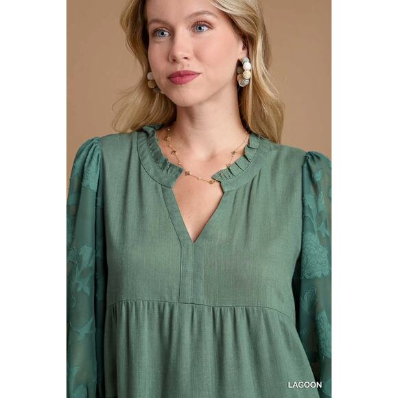 Umgee Floral Contrast Print Bubble Sleeves Tiered Design Relaxed Dress | Lagoon - Picture 6 of 6